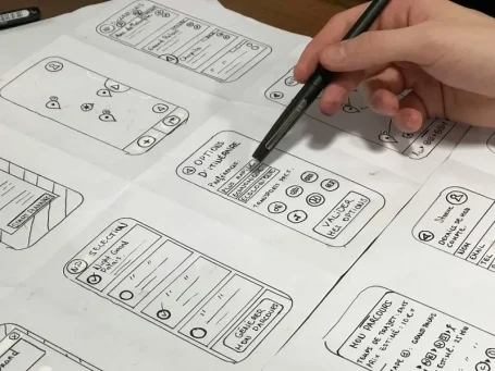 Hand, die mit Stift auf Skizzen von App-Layouts zeigt. Vordergrund mit Notizen.