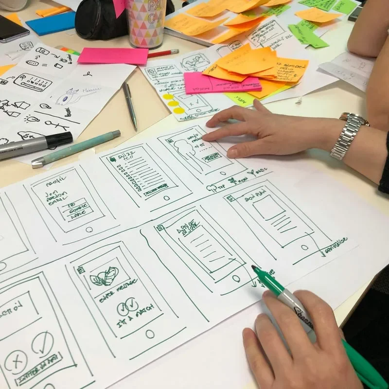 Hände skizzieren Wireframes für eine App auf einem Tisch mit Notizen und Stiften.