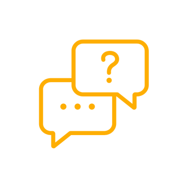 Zwei Sprechblasen, eine mit Auslassungspunkten und eine mit Fragezeichen symbolisieren FAQ.