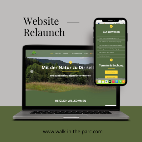 Website Relaunch: Laptop und Smartphone zeigen eine grüne, naturnahe Designansicht.