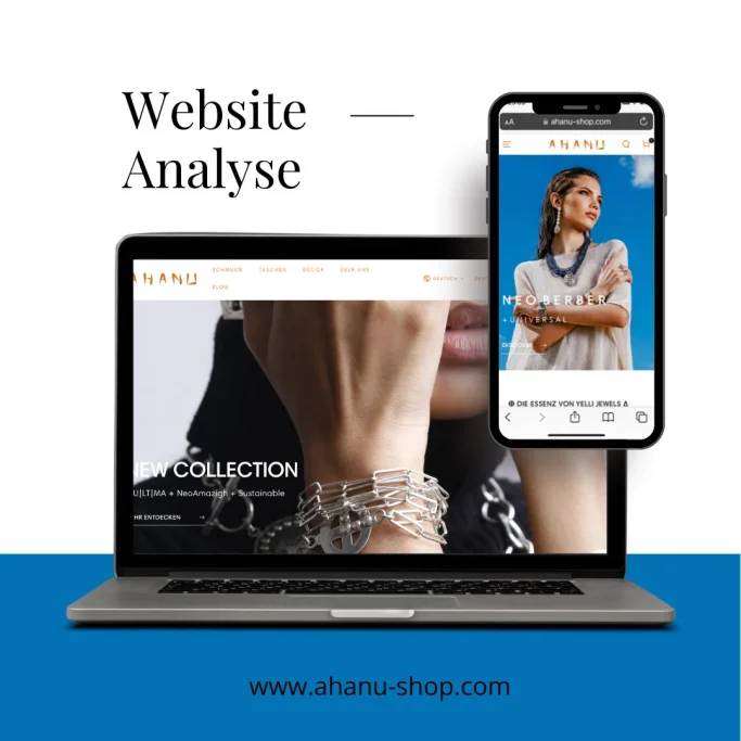 Laptop und Smartphone zeigen eine Mode-Website mit Fokus auf Schmuckkollektion.