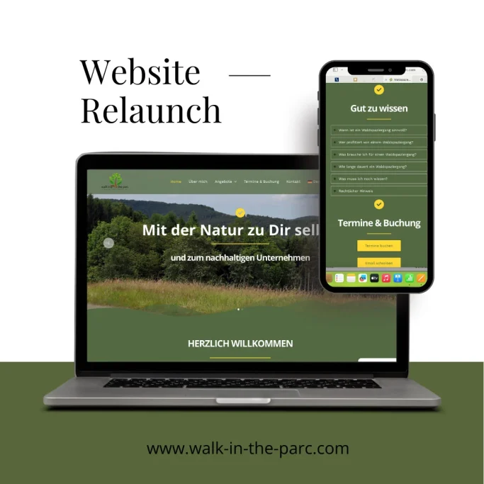 Laptop und Smartphone zeigen die neue Website mit Natur-Theme und Buchungsoption.