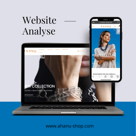 Website Analyse: Laptop mit geöffneter Website und Smartphone, das eine Modelansicht zeigt.