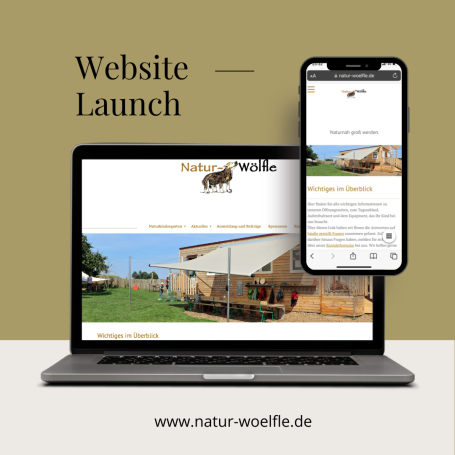 Website Launch: Laptop und Smartphone zeigen die neue Website mit dem Titel „Natur Wölffe“.